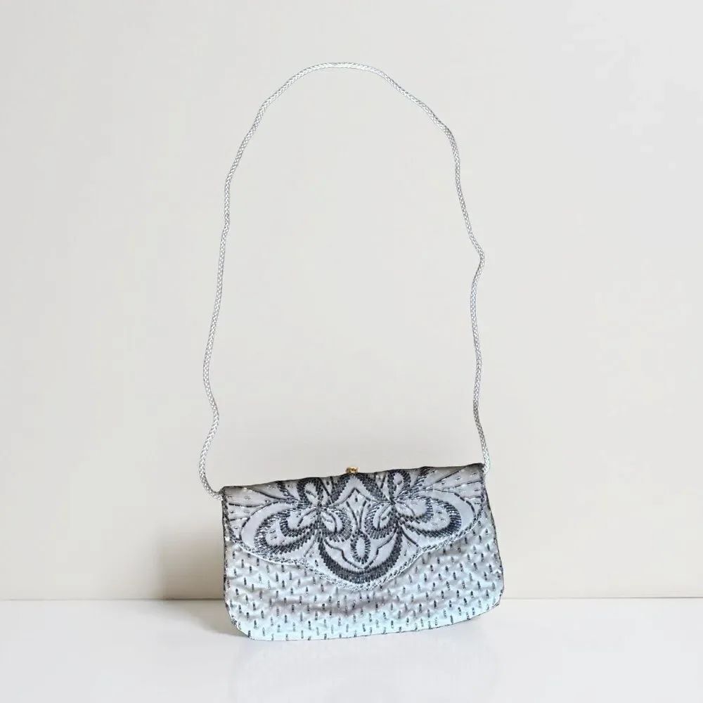 Vintage Magid Quilted Beaded Clutch - Purse - Handbag with Strap Ivory - Gray
